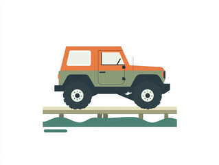 A stylized illustration of an off-road vehicle on a pier above water with a simple, colorful design.