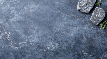 Dark slate background with stones and herbs; recipe, menu design