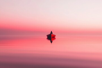 Fototapeta premium Solitary Figure in Red Boat at Sunset