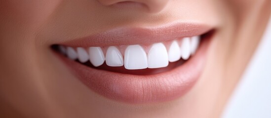 Obraz premium Close-up smile, healthy white teeth, bright background, dental ad