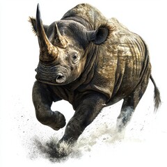 Fototapeta premium Running rhinoceros charging through the savanna dust with an intense expression and powerful stance in a wildlife scene