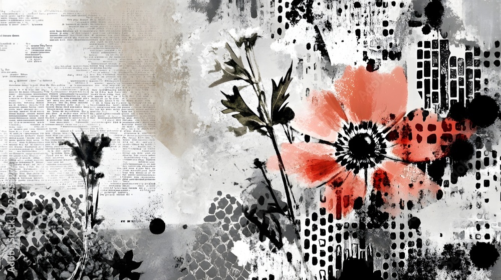 Aufkleber Abstract floral composition with organic splattered paint ink blots and botanical elements in a modern grungy and expressive monochrome color palette  and conceptual design background