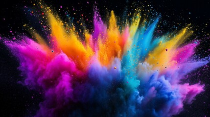 Dynamic burst of vibrant colored powders in mid-air against a dark background capturing motion and energy