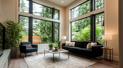 Spacious and Modern Living Room with Large Windows and Abundant Natural Light