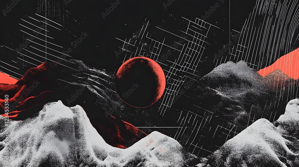 Aufkleber abstract surreal digital art with a dramatic cosmic landscape featuring glowing red spheres against 