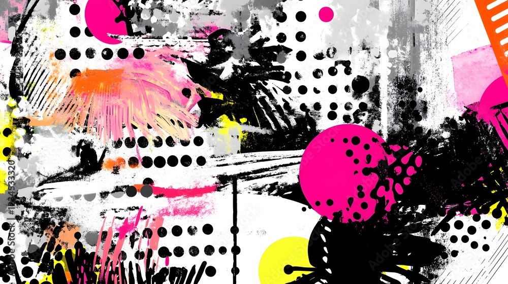 Poster Abstract vibrant multicolored textured splatter paint graphic design background with dynamic fluid motions expressive brushstrokes and chaotic splattering effects