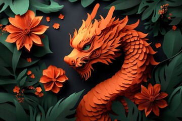 Fototapeta premium A vibrant orange dragon entwined among lush green foliage and flowers.