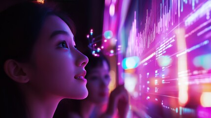 Woman analyzing data on futuristic screen.