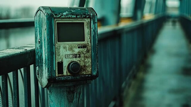 Weathered parking meter stands alone on a rainy bridge overlooking a river in the early morning light