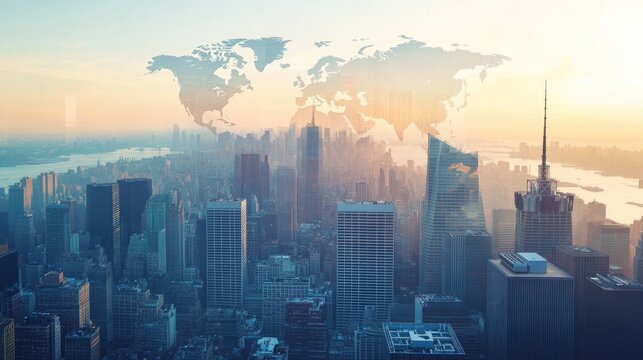 World map over a cityscape with skyscrapers