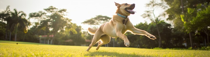 A joyful dog leaps across a sunlit open park, capturing the exuberance and freedom of a bright, carefree day.