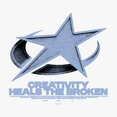 Y2K star retro print. Grunge 3D aesthetic design with halftone and noise effect. Print for t-shirt, hoodie, sweatshirt. Vector
