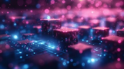 Obraz premium Abstract digital cityscape with neon lights, showcasing futuristic technology and innovation in a vibrant, dynamic atmosphere.