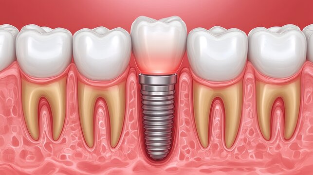 Dental implant in oral cavity, healthy teeth background.  Medical illustration
