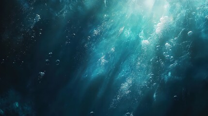 Fototapeta premium Close-up of bubbles rising toward the surface, with sunlight streaming through the water, creating soft beams of light in the deep blue.