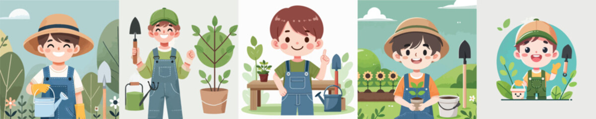 vector set of small children doing gardening