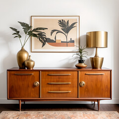 Fototapeta premium Retro Sideboard with Brass Accents: A mid-20th-century sideboard with warm wood tones and brass handles, showcased on a clean white backdrop to emphasize its retro design.