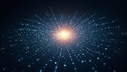 Dynamic burst of glowing particles converging towards a bright center