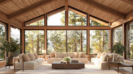 Fototapeta premium Modern living room in a luxury wooden cabin features comfortable sofas and large windows overlooking a sunny pine forest.