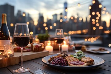 A group of friends enjoying a chic rooftop dinner party. Generative AI