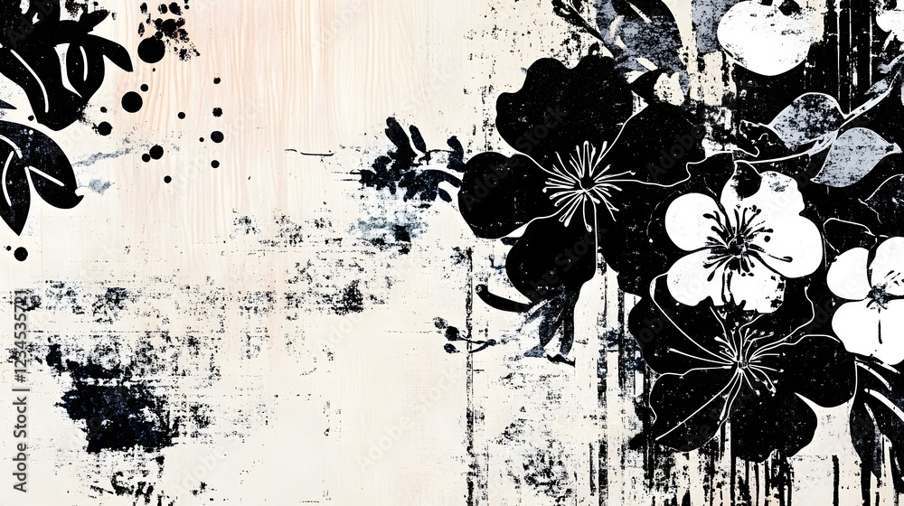 Aufkleber captivating abstract floral artwork featuring bold black and white brushstrokes splatters and silhou