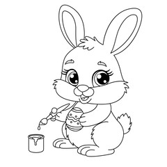 Easter Bunny holding Easter egg and brush. There is a can of paint next to it. Simple black and white vector illustration is ideal for kids coloring book