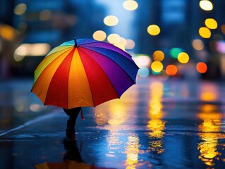 Colorful Umbrella in Rainy Urban Evening with Vibrant Reflections on Wet Pavement
