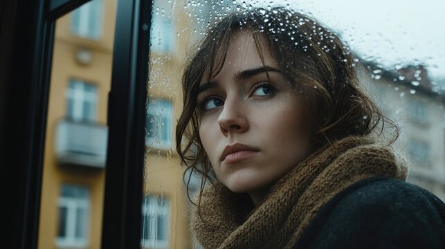 Woman looking out window in rain