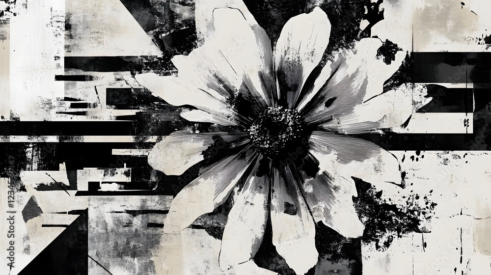 Poster captivating abstract monochrome floral composition with intriguing textural and nuances featuring a 