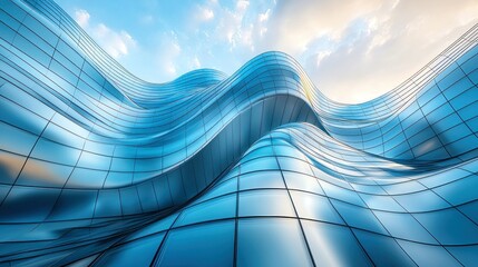 Wavy glass skyscraper under sunny sky