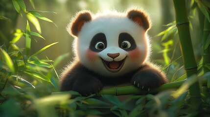 Obraz premium Adorable baby panda bear cub smiling happily in bamboo forest.