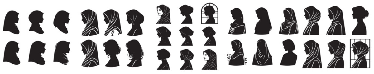 vector set of women wearing hijabs silhouettes