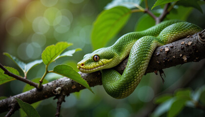 Fototapeta premium Mystical green snake resting on branch in vibrant forest, nature's magic