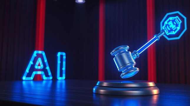 Digital Judge's Gavel Striking Sound Block with Blue Neon Light and AI Elements: Representing the Intersection of Artificial Intelligence and the Legal System