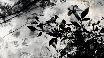 Captivating black and white photograph showcasing the intricate details and elegant beauty of lush foliage blooming flowers and delicate branches against a moody atmospheric backdrop  This natural
