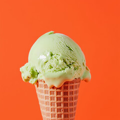 A scoop of pistachio ice cream on waffle cone on a vibrant orange background