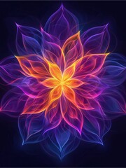 A vibrant digital artwork featuring a symmetrical flower-like pattern with glowing petals in shades of purple, pink, and orange against a dark background.
