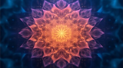 Obraz premium A vibrant, symmetrical mandala design radiating warmth and energy, featuring intricate patterns and a glowing center against a dark background.