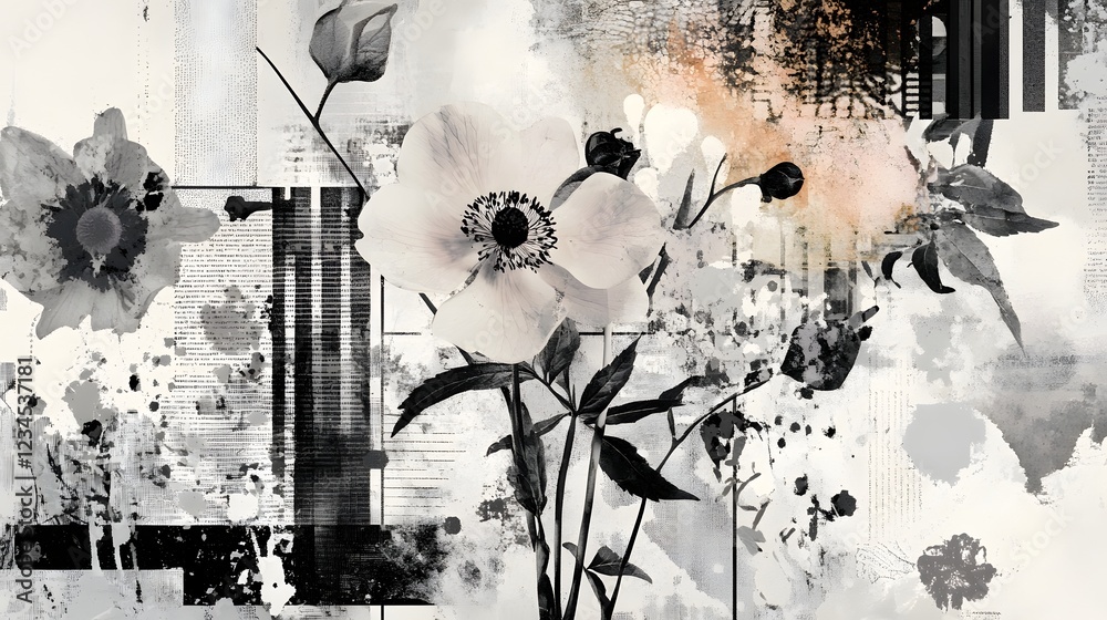 Aufkleber Captivating monochrome abstract art featuring a surreal and ethereal floral composition with intricate textured patterns grunge paint splashes and a moody dynamic aesthetic