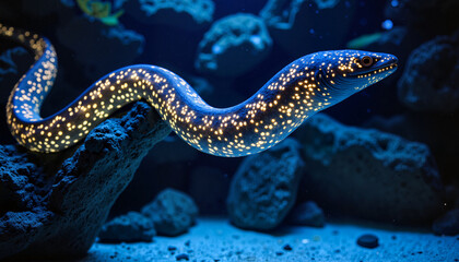 Glowing eel weaving through rocky underwater caves, oceanic beauty