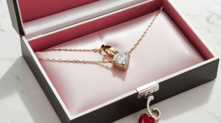 Delicate Gold Necklace with Diamond Heart Pendant in Elegant Jewelry Box