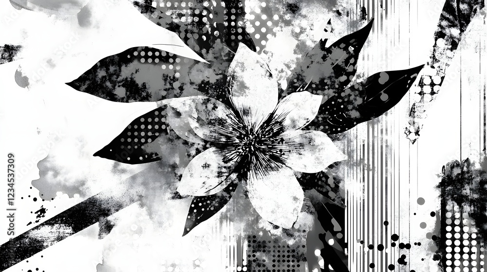 Aufkleber Captivating monochrome floral abstract with dynamic ink splash and grungy textures creating a modern contemporary and visually striking expression  The design features a stylized