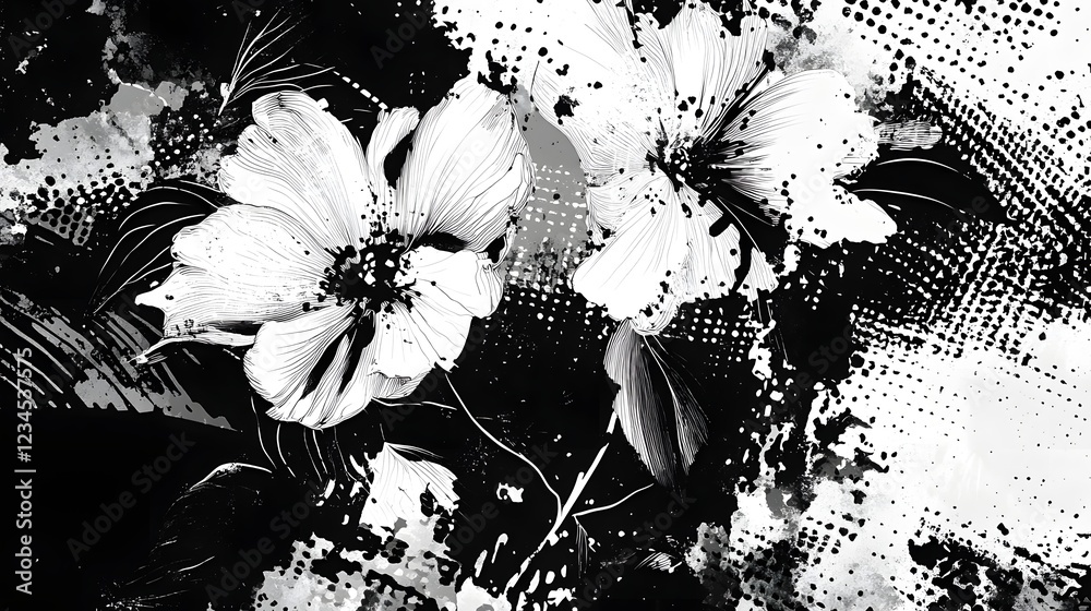 Poster captivating monochrome floral artwork with dramatic abstract patterns and textures elegant and conte