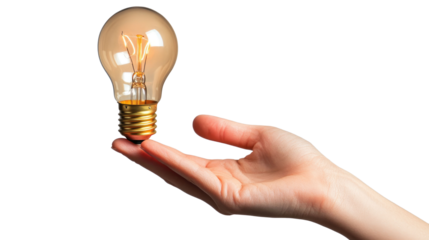 Hand holding light bulb on transparent background.