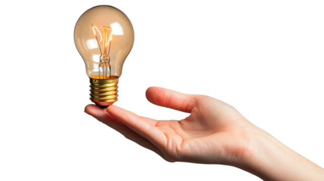 Hand holding light bulb on transparent background.