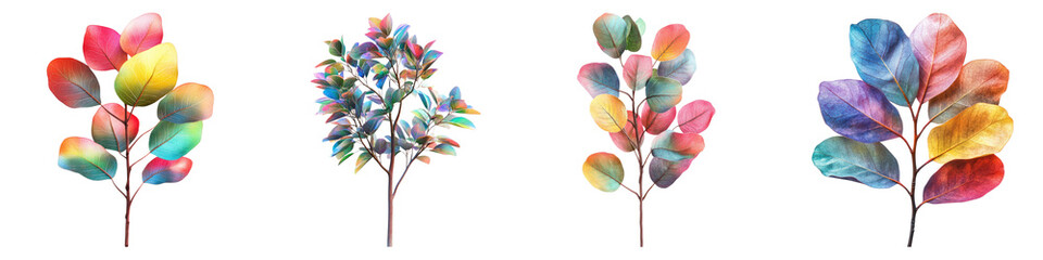 Obraz premium Rainbow Eucalyptus in profile isolated on transparent background, PNG, Set of
