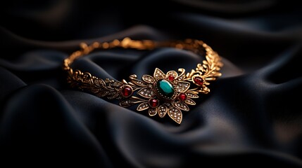 Fototapeta premium Elegant Gold Necklace with Gemstones on Dark Silk