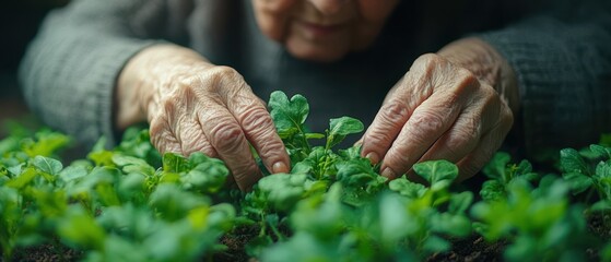A senior woman delicately touches vibrant green plants in her garden, immersed in the golden sunlight of a warm day.