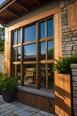 Modern House Exterior with Large Wooden Frame Window and Stone Walls