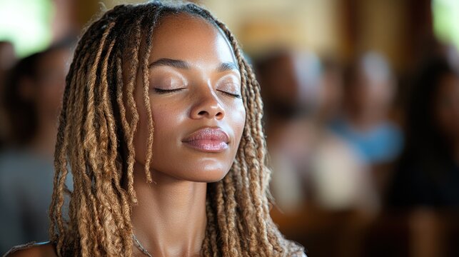 Woman praying, church, congregation, peace, sunlight, faith, spiritual, serenity, worship, hope